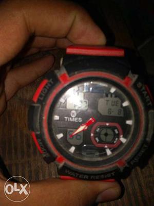 Round Black And Red Digital Watch With Rubber Strap