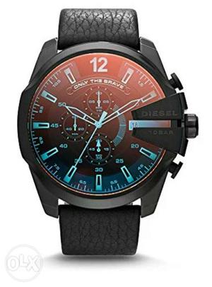 Round Brown And Blue Chronograph Watch With Black Leather