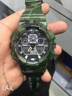 Used Round Gray Casio G-shock Chronograph Watch With Green