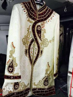 White And Brown Beaded Long-sleeve Dress