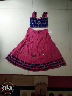 Women's Blue And Pink Sleeveless Dress With Skirt Set
