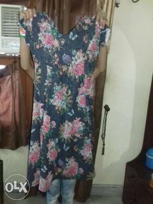 Women's Blue, Pink And Green Floral Plunging Dress with back