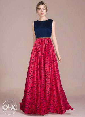 Women's Blue Sleeveless Top And Red Maxi Skirt