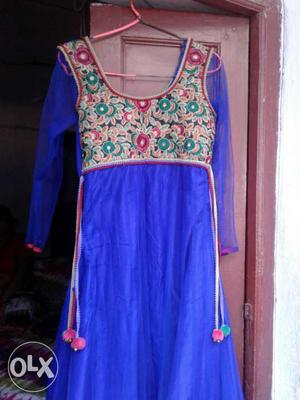 Women's Blue,pink,and Green Floral Sari Dress