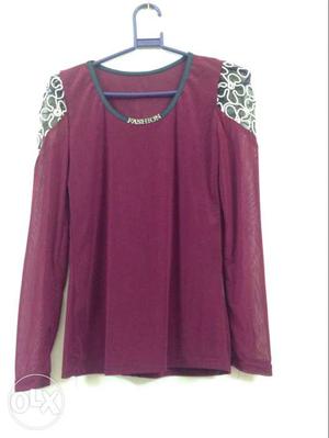 Women's Maroon And White Long-sleeved Blouse