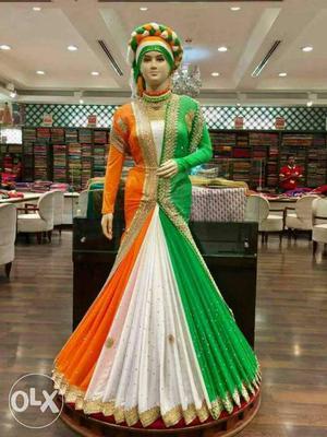 Women's Orange, White, And Green Anarkali Dress