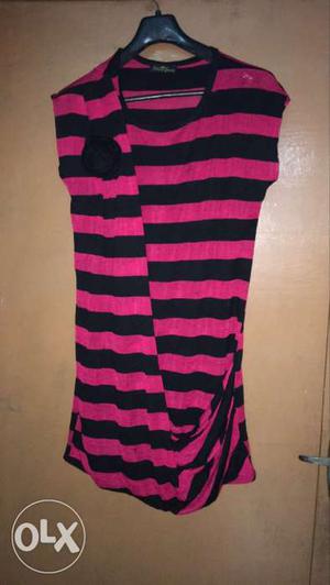 Women's Pink And Black Stripe Midi Dress