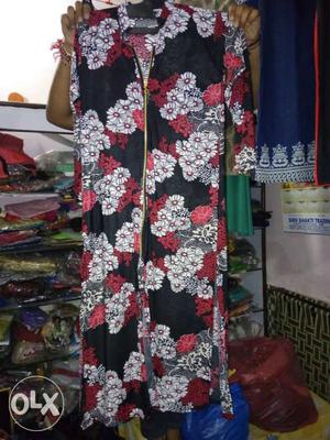 Black And Red Floral Zip-up Long-sleeved Dress