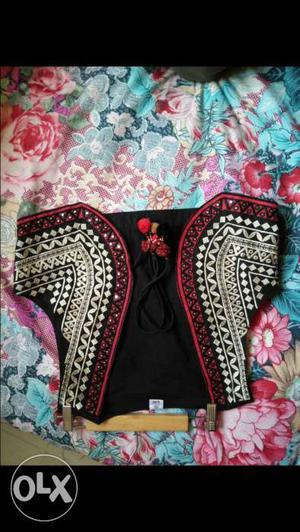 Black, Red And White Floral Embroidered Tops