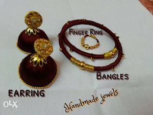 Brown And Gold Silk Thread Finger Ring, Bangles And Earrings