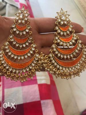 Enamel kundan n pearl chand bali earrings / new /