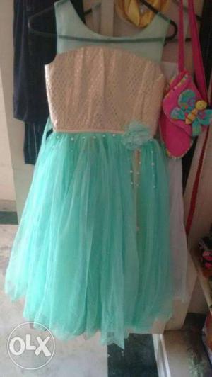 Girl's White And Mint-green Tulle Formal Dress