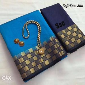 Gold Beaded Necklace And Jhumka Earrings Set; Blue Settu