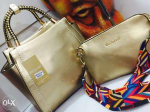 Gold-colored Bulgari Leather Tote Bag And Clutch Bag