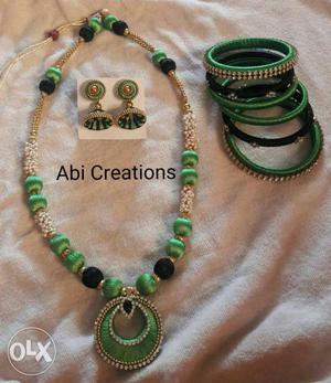 Green And Black Necklace And Earring Set With Bangles