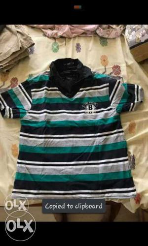 Green, Gray, And Black Striped Polo Shirt