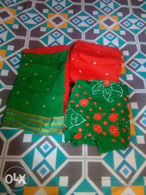 Green with red combination bhandej cotton dress material