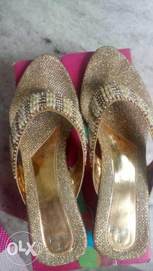 Pair Of Brown Glittered Heeled Sandals