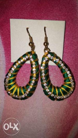 Pair Of Green-and-silver Hook Earrings