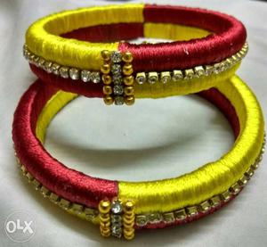 Pair Of Red-and-yellow Thread Silk Bangles