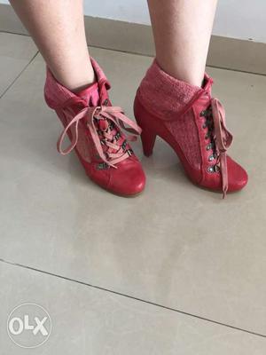Pair Of Women's Red Round-toe Laced Up Chunky Boots