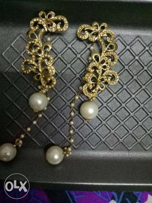 Pearl Beaded Gold Cuff Drop Earrings