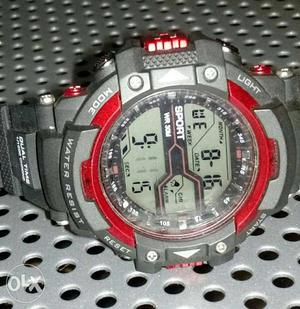 Red And Gray Digital Sport Watch With Strap