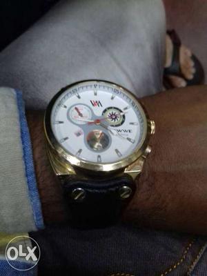 Round Gold WWE Chronograph Watch With Black Leather Band