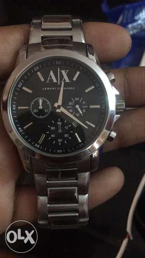 Round Silver Armani Exchange Chornograph Watch With Link