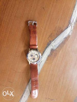 Round Silver Framed White Face Chronograph Watch With Brown