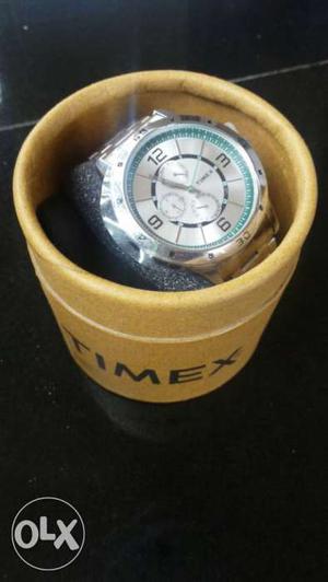 Round Silver Timex Chronograph Watch With Strap In Case
