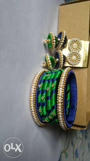 Silk thread earrings+bangle set