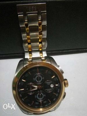 TISSOT Round Gold Chronograph Watch With Silver Gold Strap