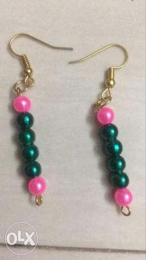 Two Pink And Green Beaded Drop Earrings