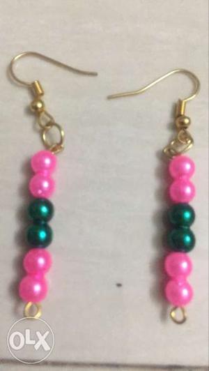 Two Pink-and-green Beaded Gold Earrings