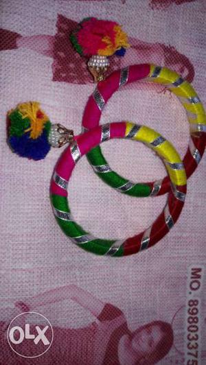 Two Pink,red,green And Yellow Silk Thread Bangles