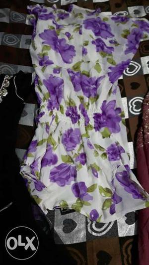 White, Green, And Purple Floral Elastic Waist Dress