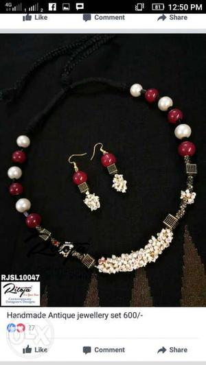 White,red,and Silver Beaded Necklace And Pair Of