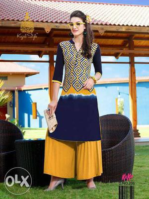 Women's Blue And Yellow Elbow-sleeved Dress