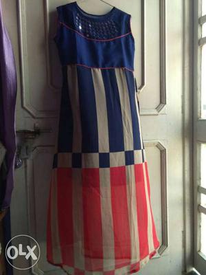 Women's Blue,Brown,and Red Stripes Sleeveless Maxi Dress