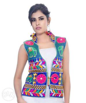 Women's Blue Multi-colored Floral Zip-up Vest