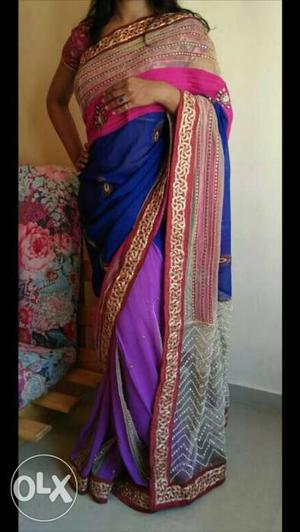 Women's Blue, Pink And Gold Sari