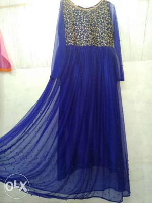 Women's Brown And Blue Long Sleeve Maxi Gown
