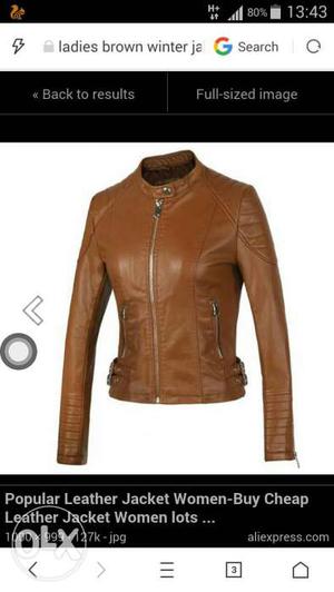 Women's Brown Leather Zip-up Jacket Screenshot