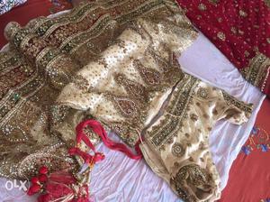 Women's Gold,brown And Red Sari