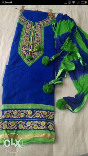 Women's Green And Blue Floral Print Traditional Dress