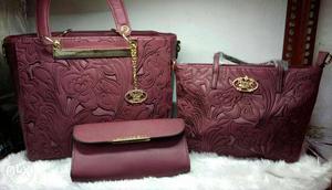Women's Maroon Leather Bags And Clutch Wallet