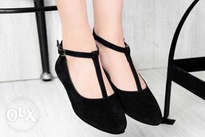Women's Pair Of Black Ankle-strap Flats