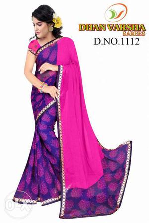 Women's Purple And Pink Floral Sari