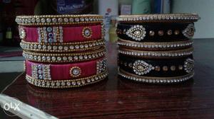 Four Black And Pink Silk Thread Bangles